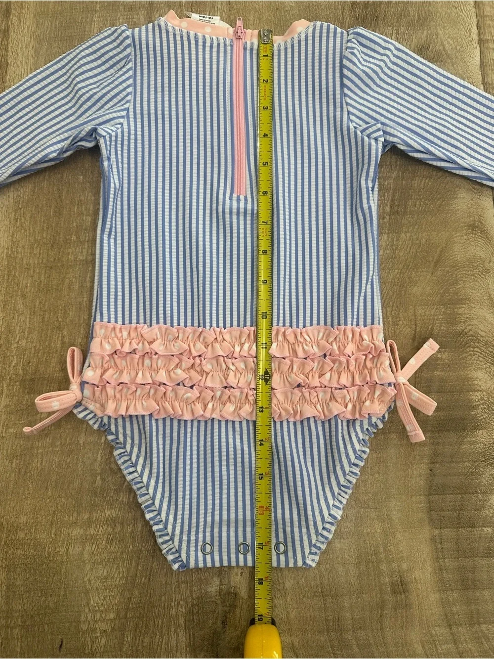 RuffleButts Blue Seersucker Rash Guard One Piece | 12–18M | UPF 50+